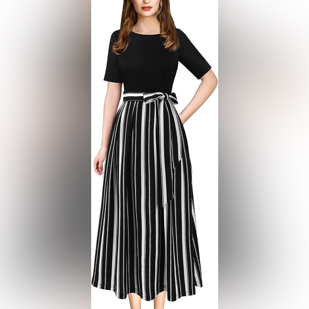 Elegant Patchwork Pockets Pleated Dress